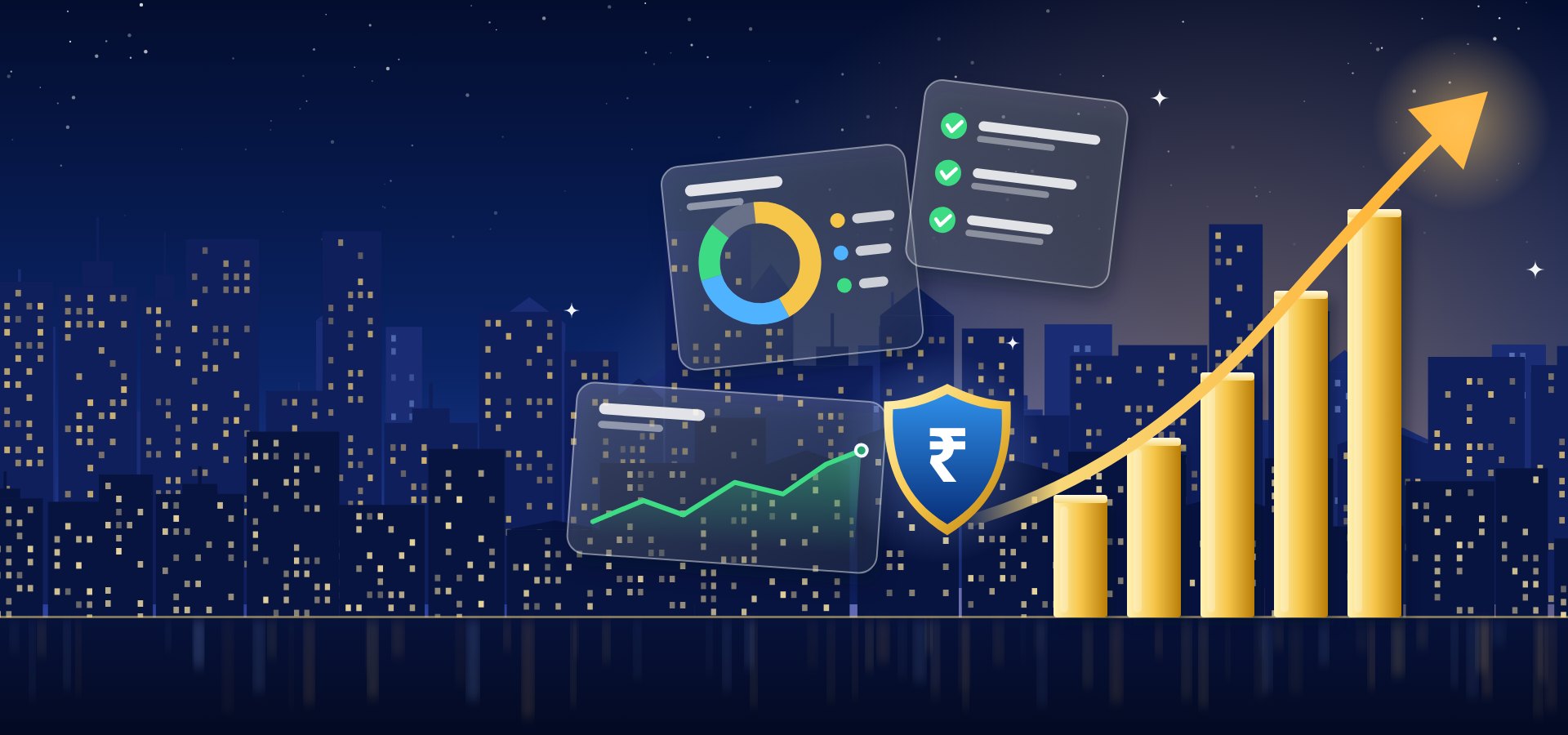 Illustration of a city skyline at night with rising gold bars and planning charts