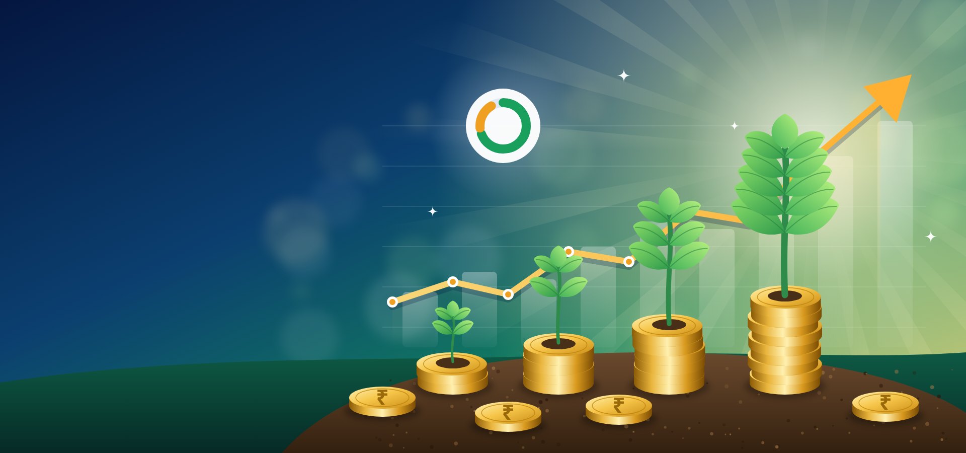 Illustration of plants growing from stacks of coins with a rising chart